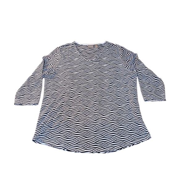 Chico's Women's Sz 2 US L/12 Top Pullover 3/4 Sleeve Textured Striped Indigo - Picture 1 of 8